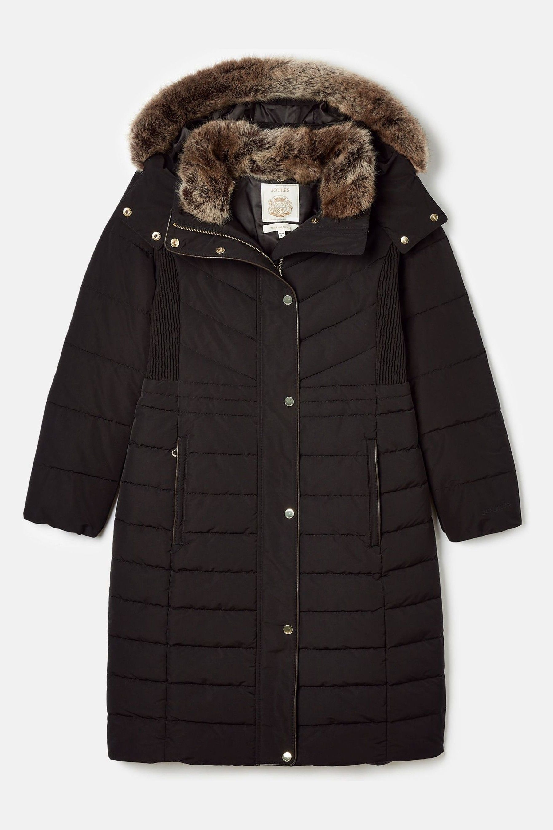 Buy Joules Cherington Black Showerproof Longline Padded Coat with Faux Fur Hood from Next Luxembourg