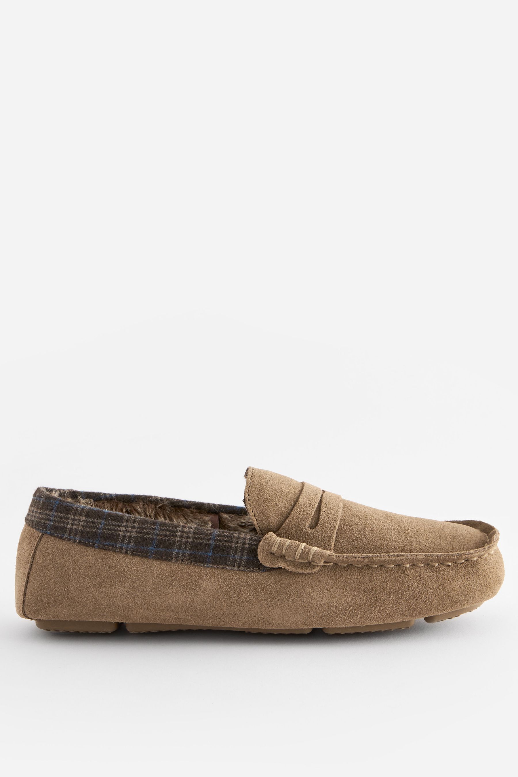 Buy Stone Brown Luxury Signature Suede Moccasin Slippers from the