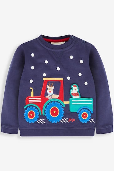 JoJo Maman Bébé Navy Blue Santa In a Tractor Appliqué Sweatshirt