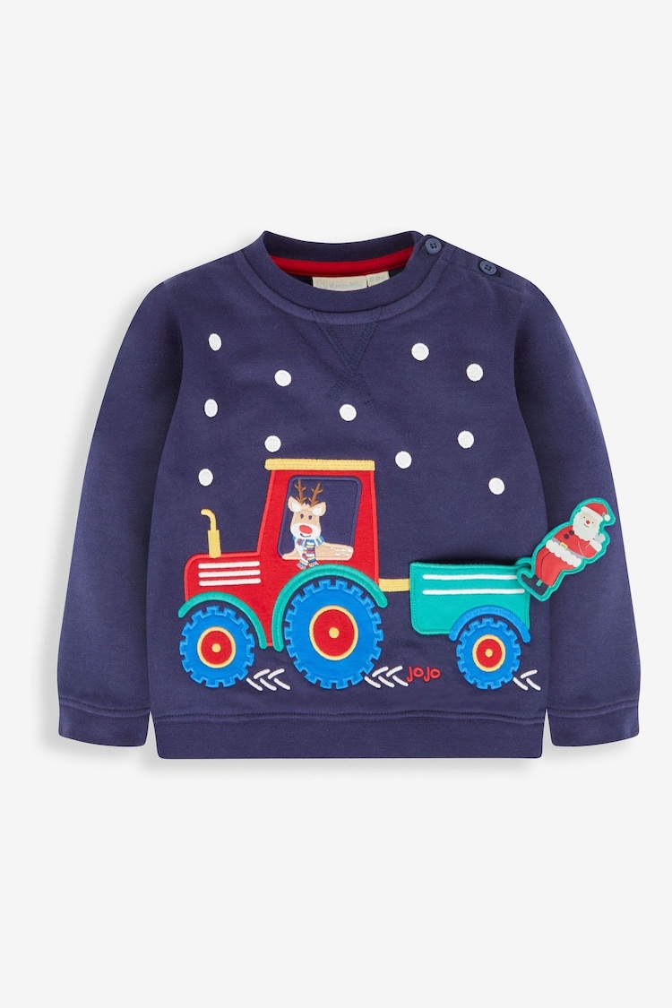 JoJo Maman Bébé Navy Blue Santa In a Tractor Appliqué Sweatshirt - Image 2 of 4