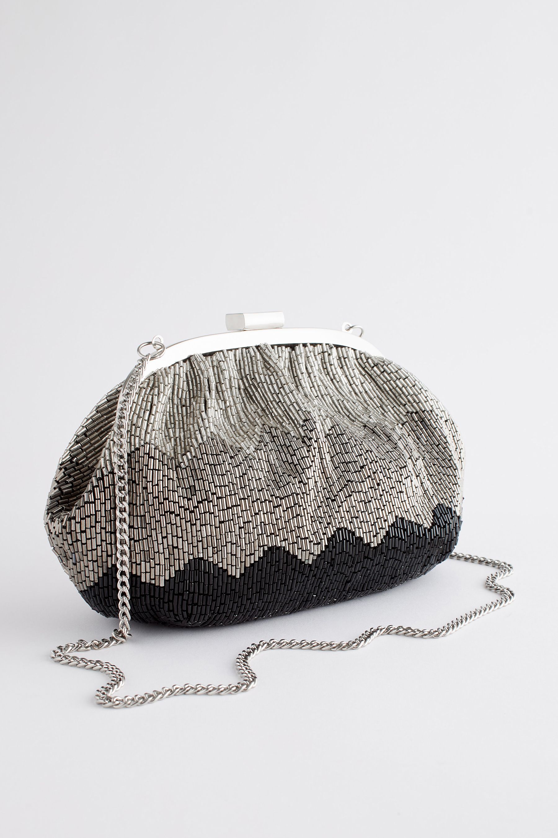 Silver Beaded Occasion Clutch Bag
