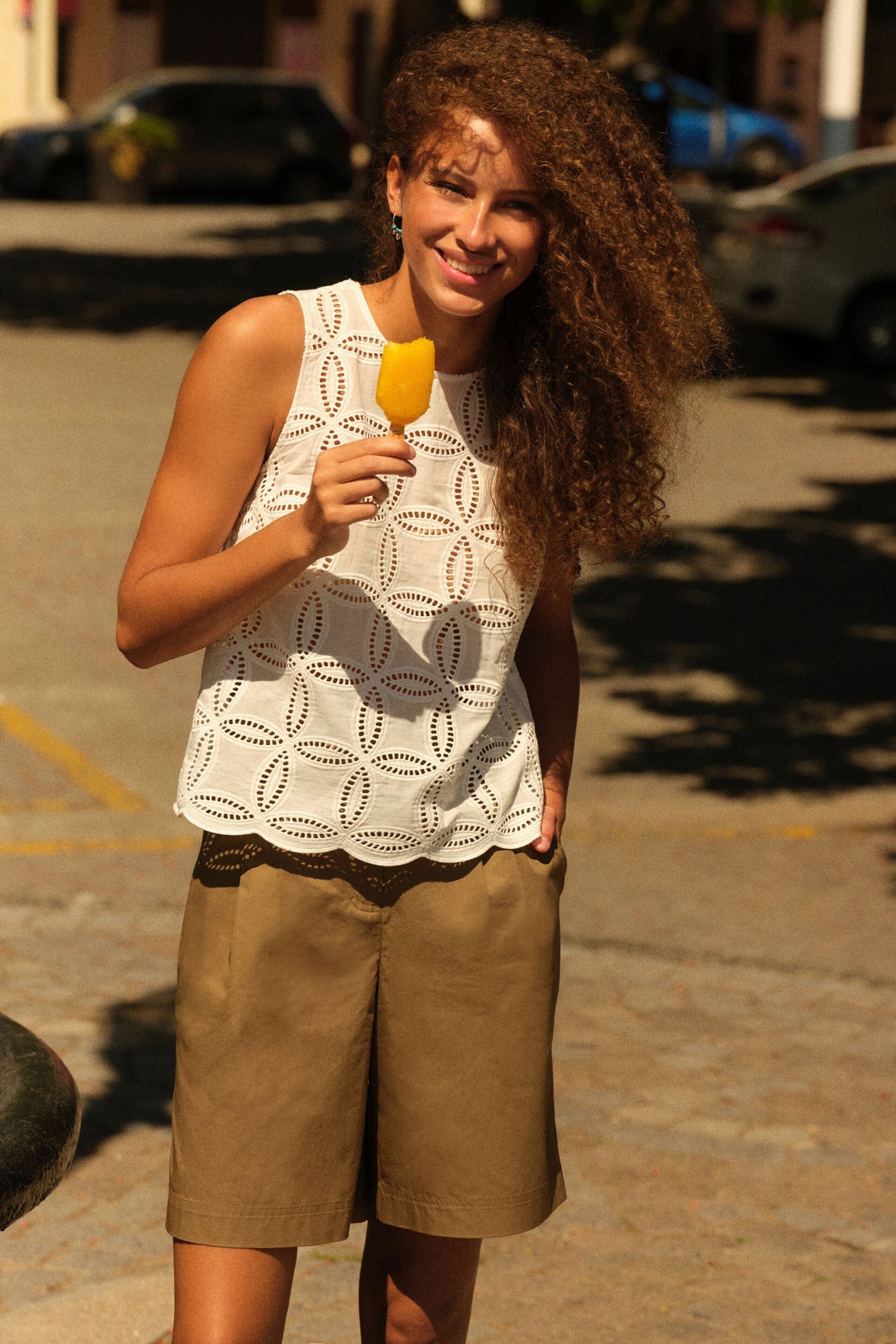 White Sleeveless Broderie Top - Image 1 of 7