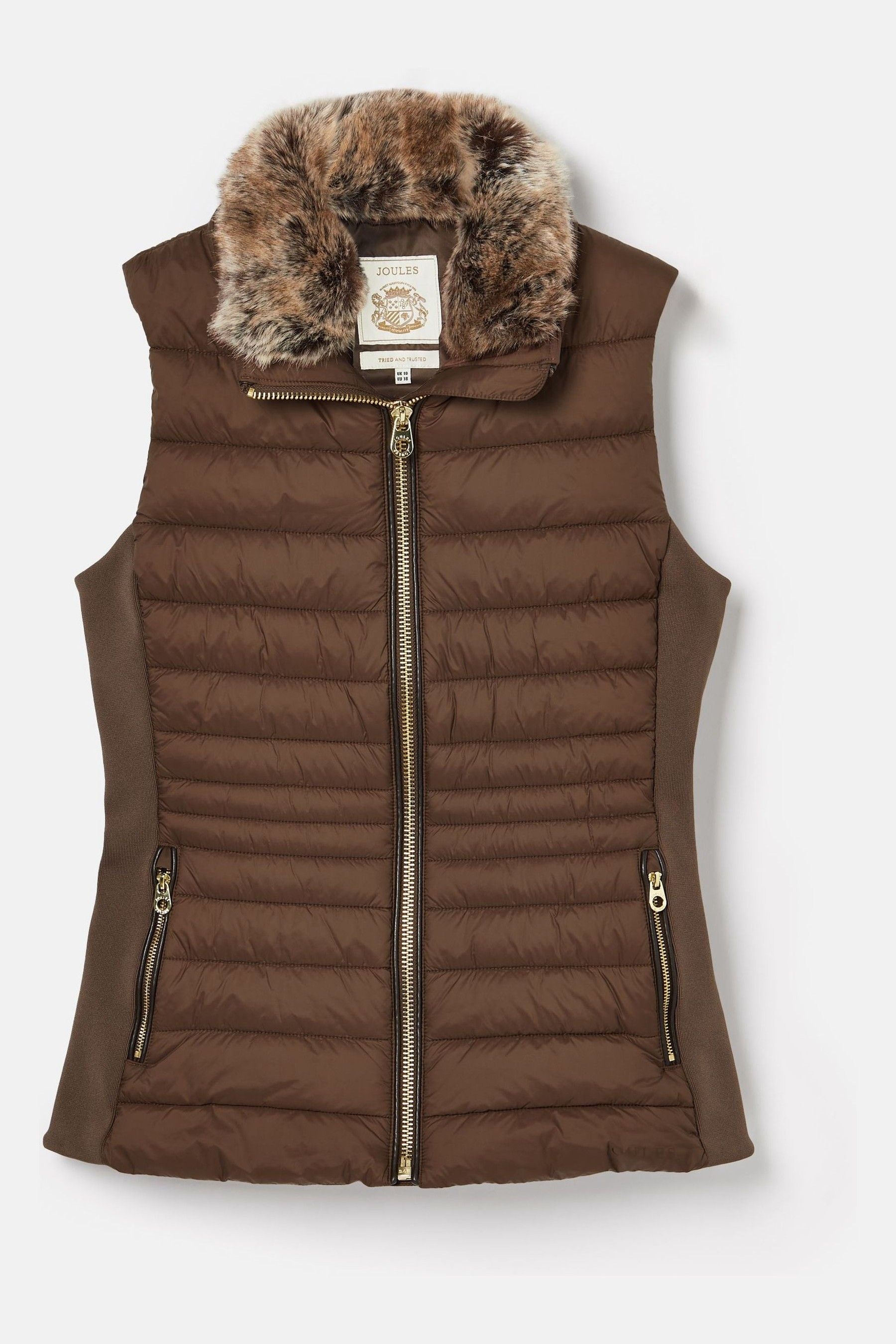 Joules Beckley Brown Padded Showerproof Gilet With Detachable Faux Fur Collar