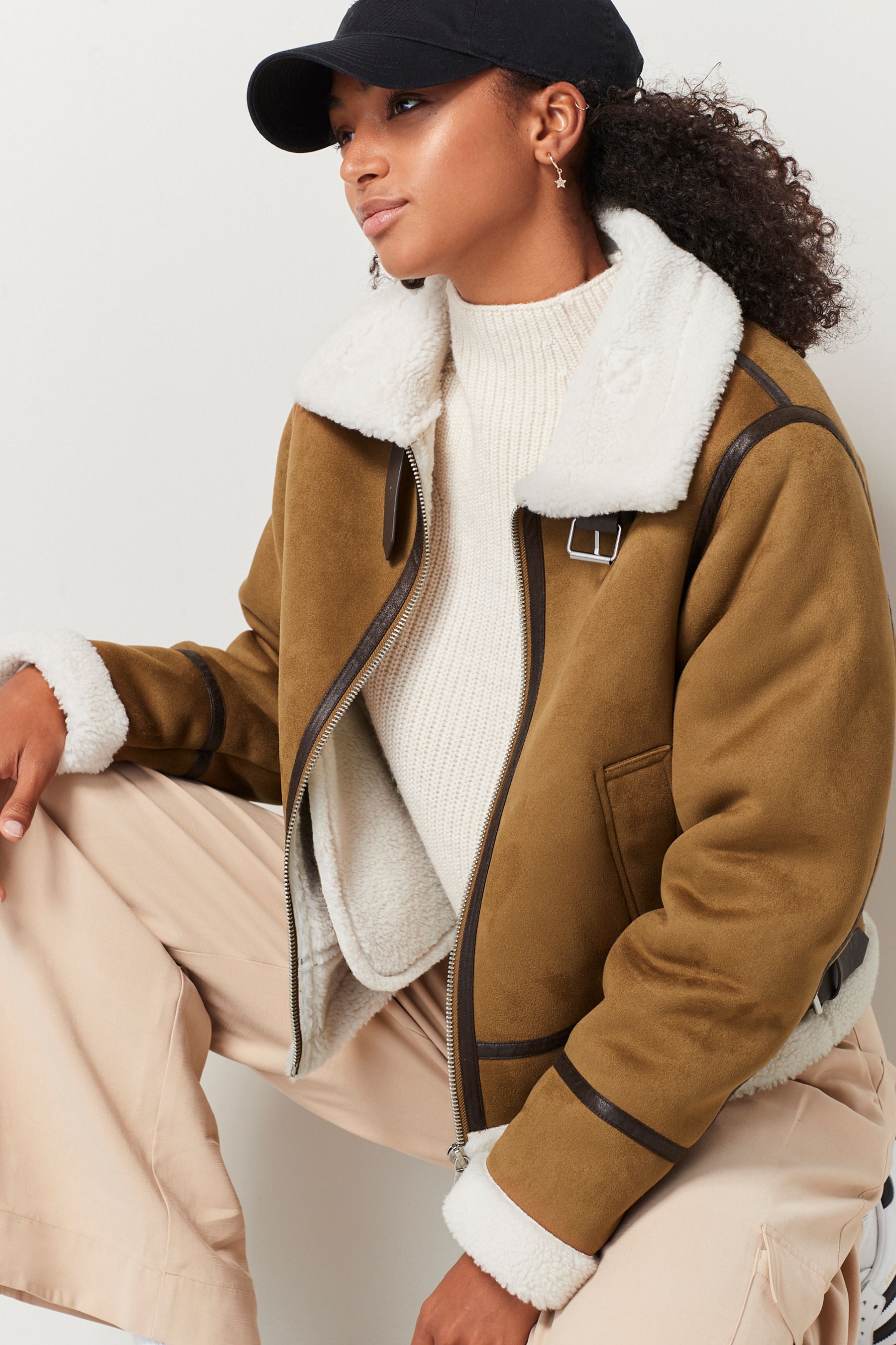 Buy Marron fauve Veste aviateur en faux daim avec bordures en fausse fourrure from Next Luxembourg
