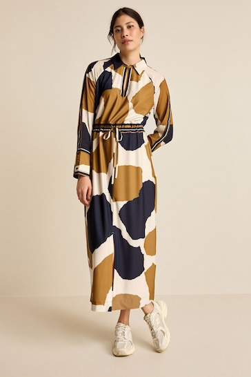 Black/Brown/Ecru Cream Cow Print Long Sleeve Column Midi Dress