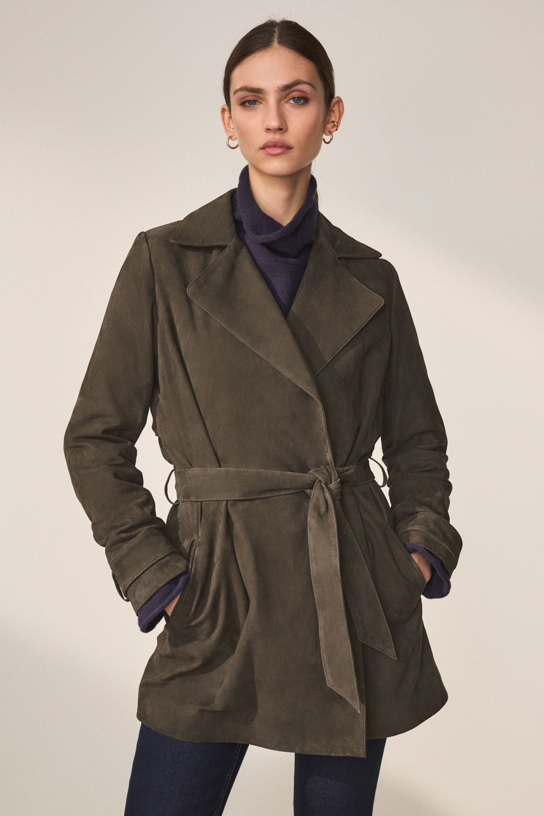 Buy Khaki Green Real Suede Trench Coat from Next Luxembourg
