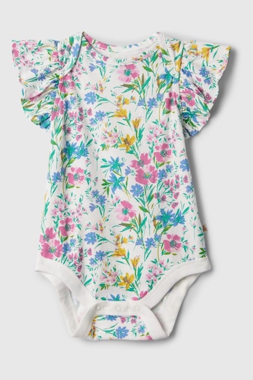 Gap White, Blue & Pink Floral Ruffle Short Sleeve Bodysuit (Newborn-24mths)