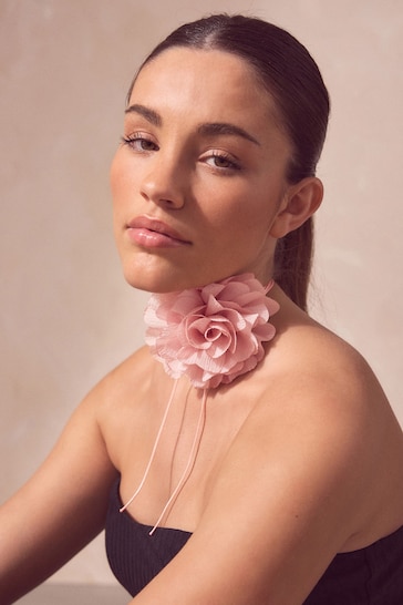 Pink Flower Corsage Wrap Choker Necklace