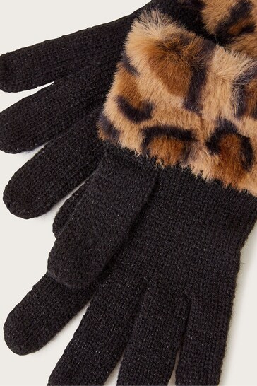 Monsoon Faux Fur Animal Cuff Black Gloves