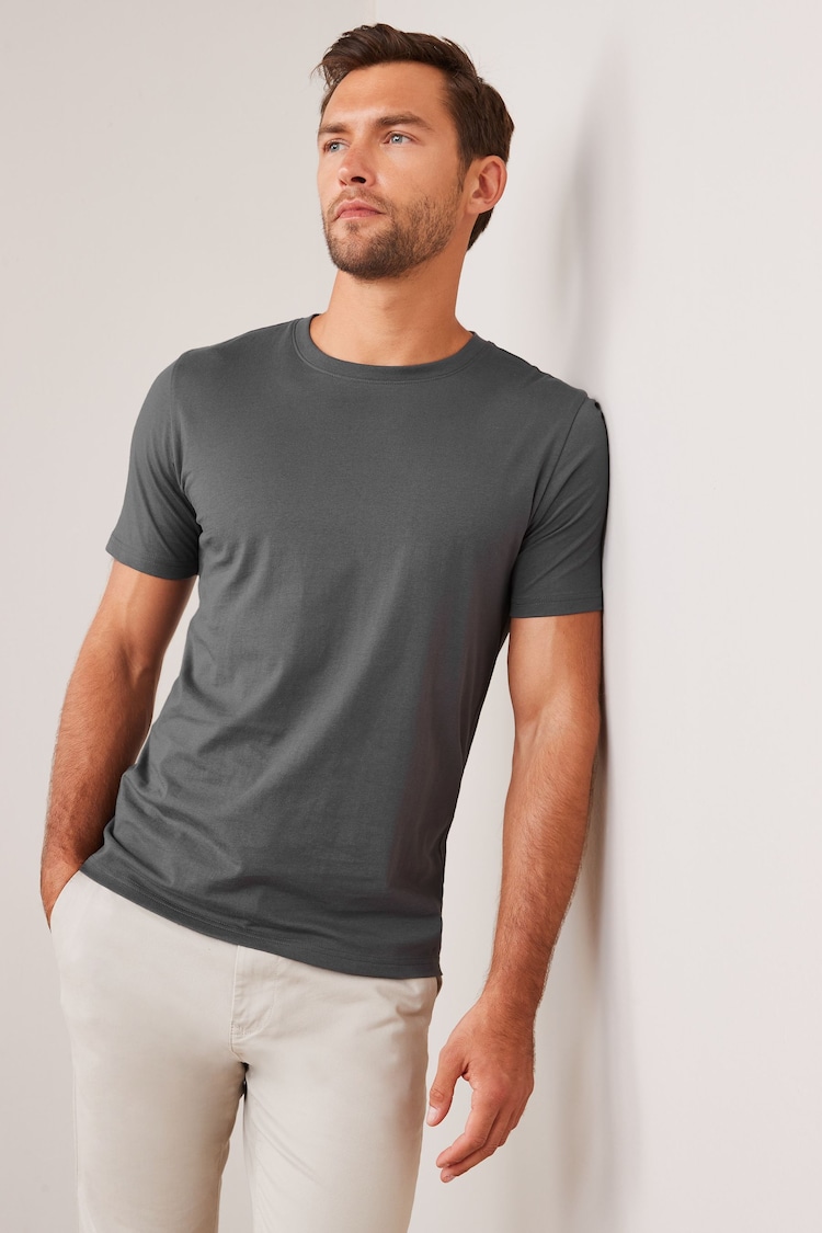 Grey Charcoal Slim Fit Essential Crew Neck T-Shirt - Image 1 of 5