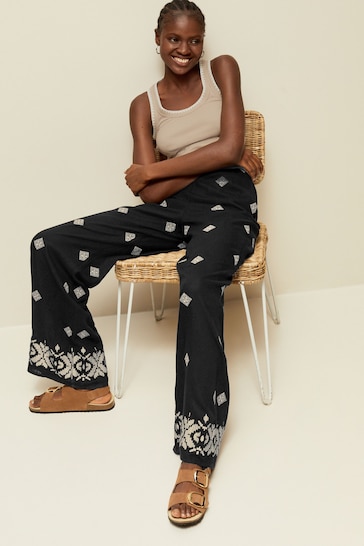 Black Embroidered Wide Leg Trousers With Linen