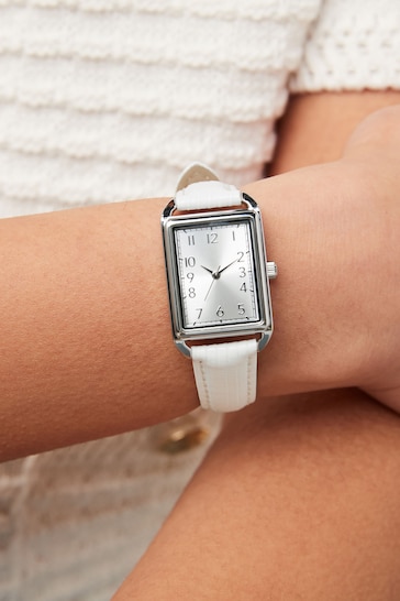 White Rectangle Croc Effect Watch