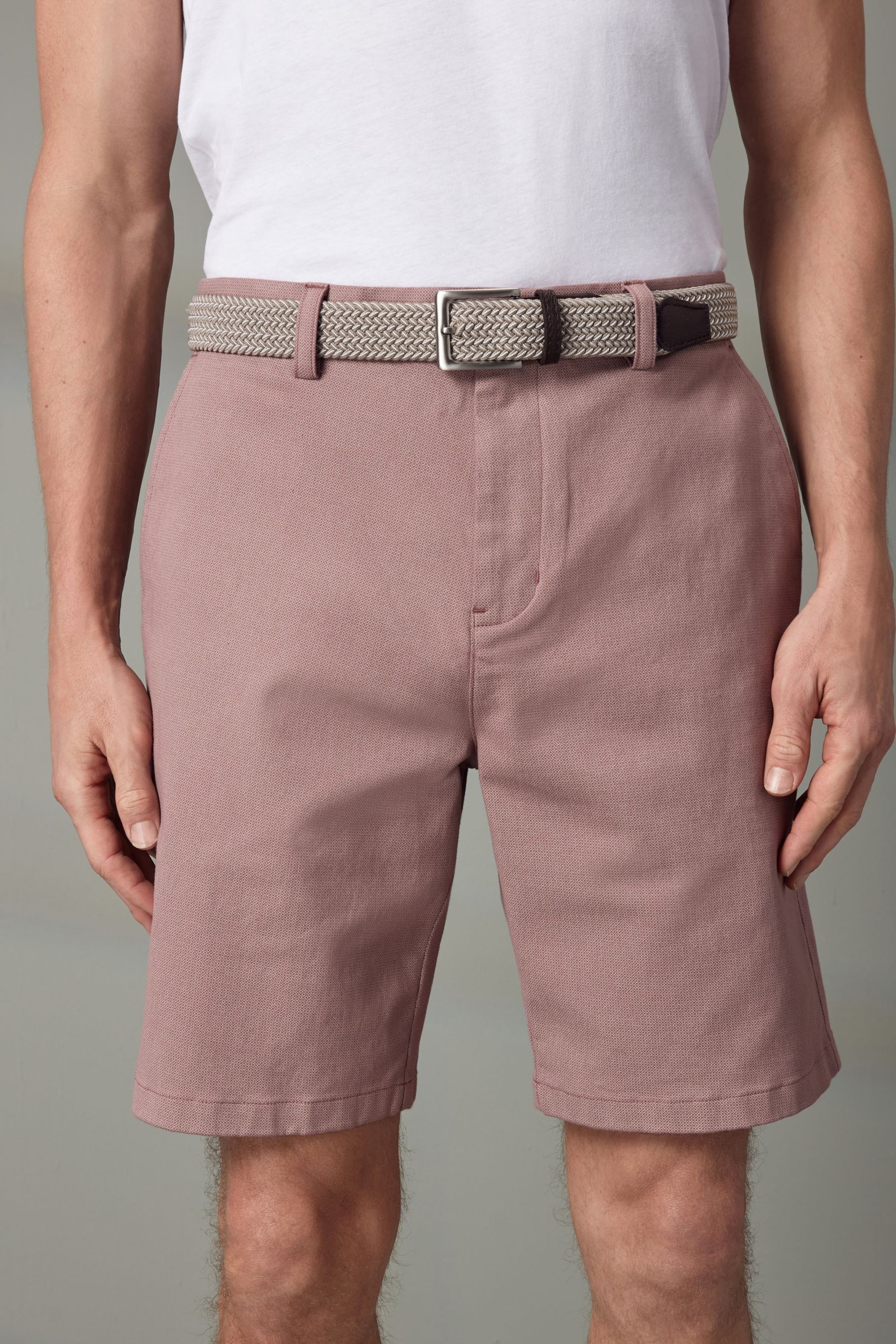 Pink Textured Cotton Blend Chino Shorts with Belt Included - Image 1 of 9