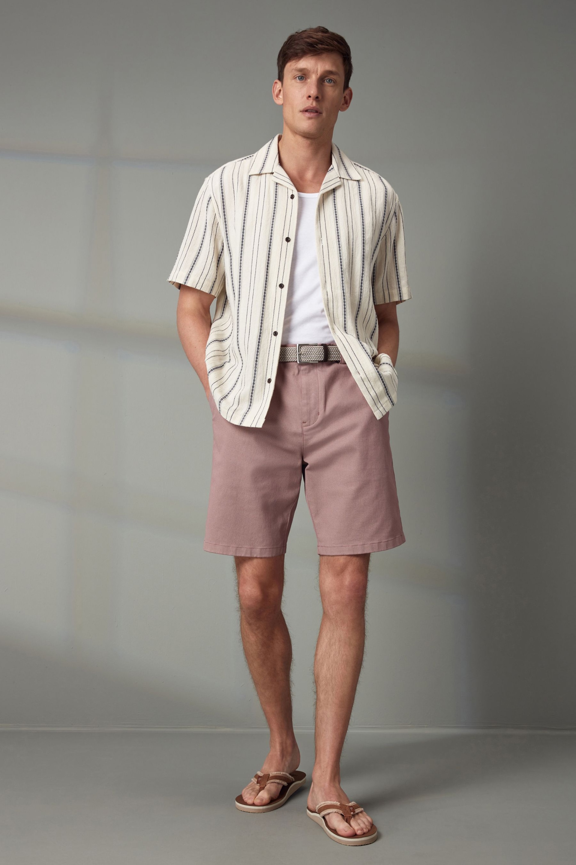 Pink Textured Cotton Blend Chino Shorts with Belt Included - Image 2 of 9