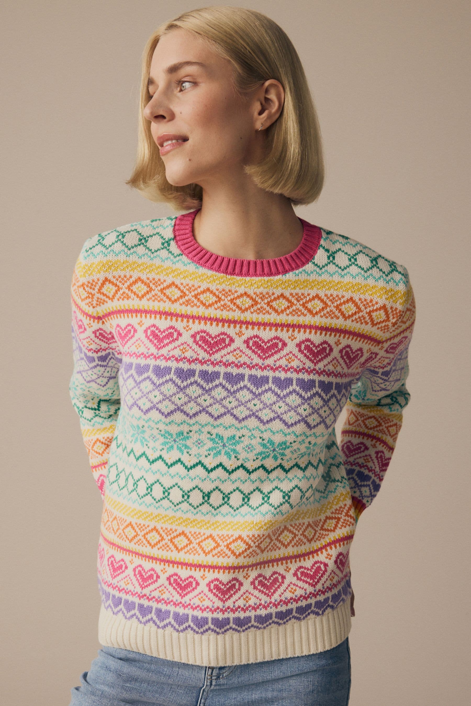 Buy Little Bird by Jools Oliver Pink Adult 100 Cotton Pastel Rainbow Christmas Fairisle Pattern Knitted Jumper from the Next UK online shop