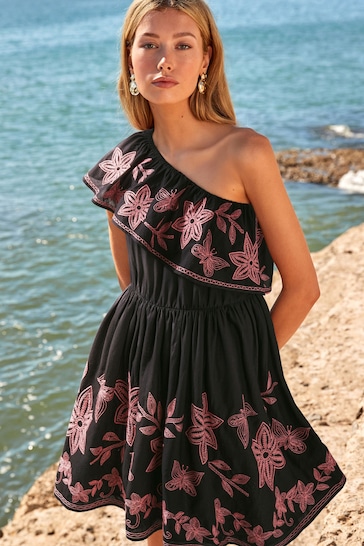 Black/Pink Embroidered One Shoulder Ruffle Summer Dress