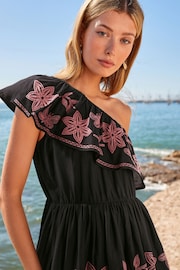 Black/Pink Embroidered One Shoulder Ruffle Summer Dress - Image 5 of 9