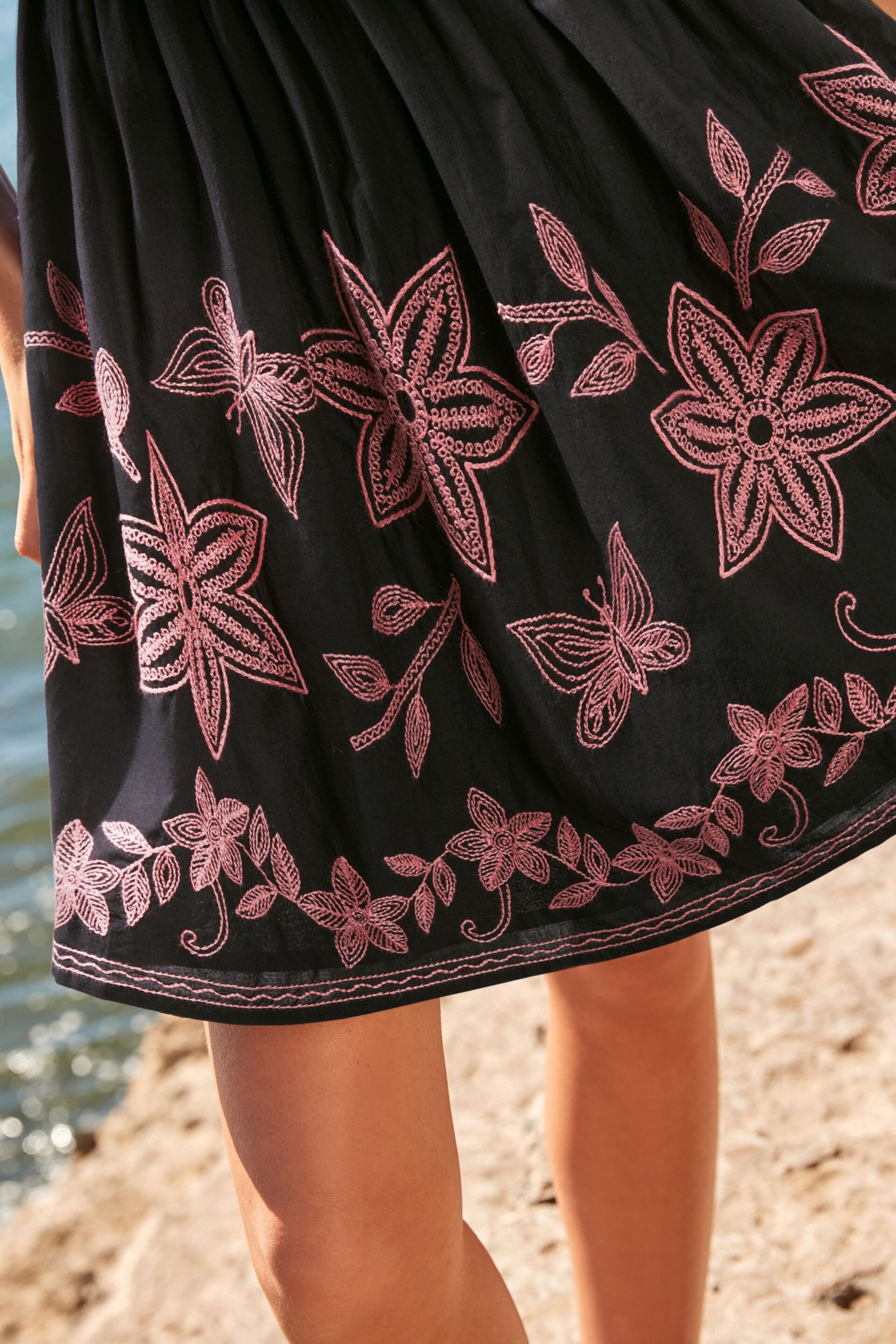 Black/Pink Embroidered One Shoulder Ruffle Summer Dress - Image 7 of 9