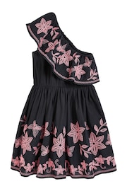 Black/Pink Embroidered One Shoulder Ruffle Summer Dress - Image 8 of 9