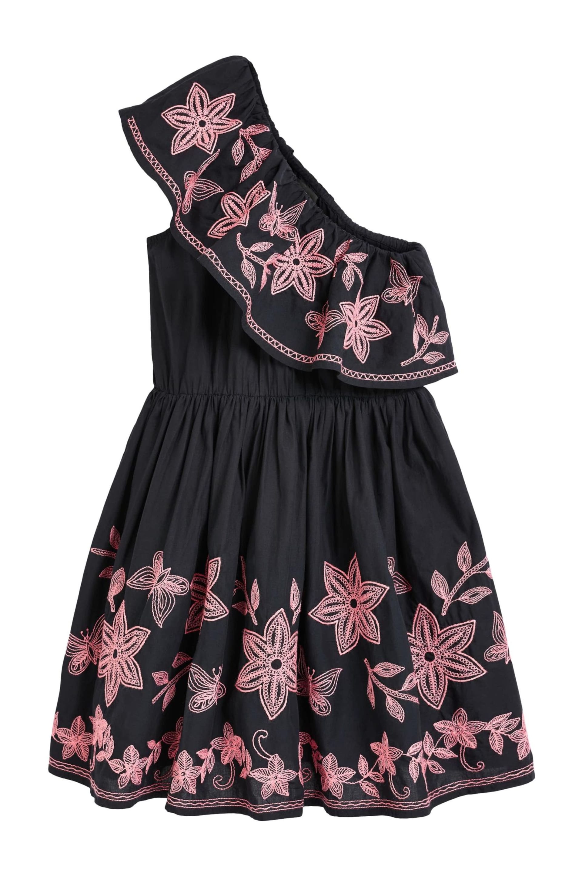 Black/Pink Embroidered One Shoulder Ruffle Summer Dress - Image 8 of 9