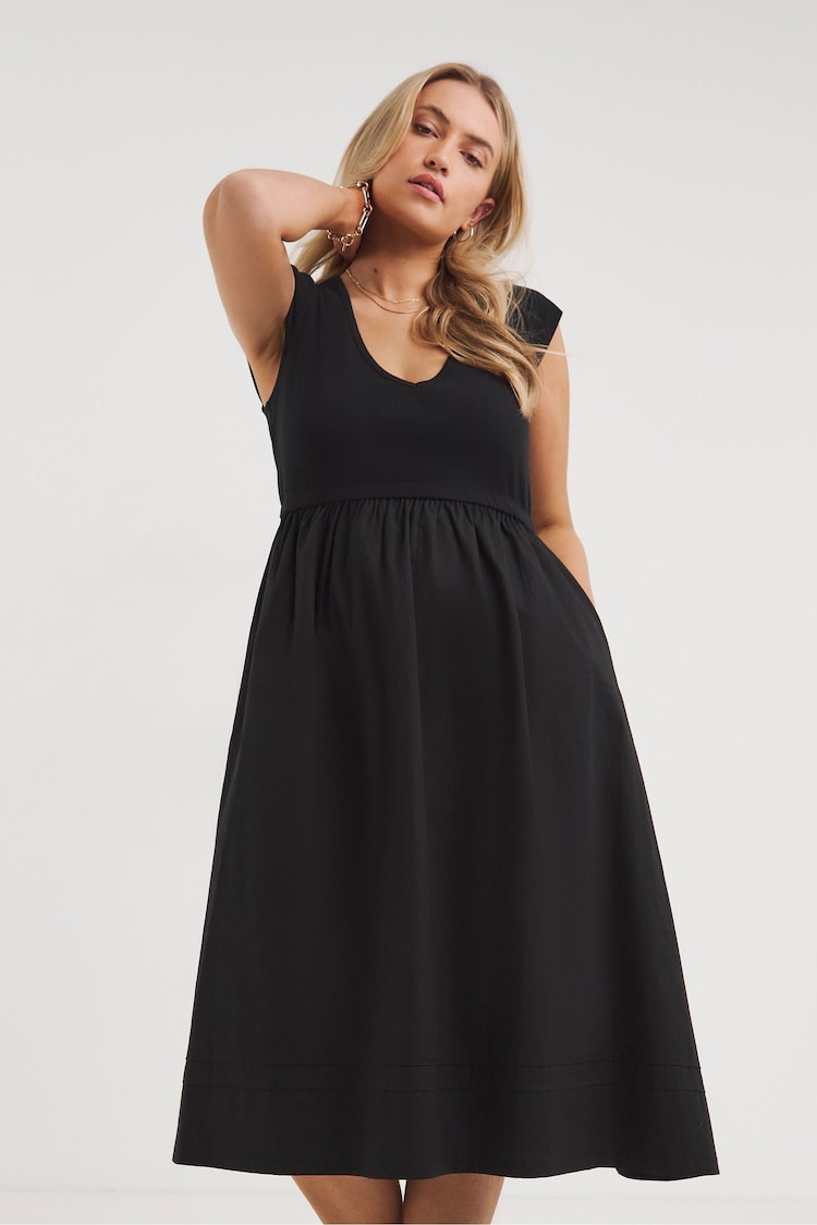 Simply Be Jersey Poplin Mix Black Midi Dress - Image 1 of 3