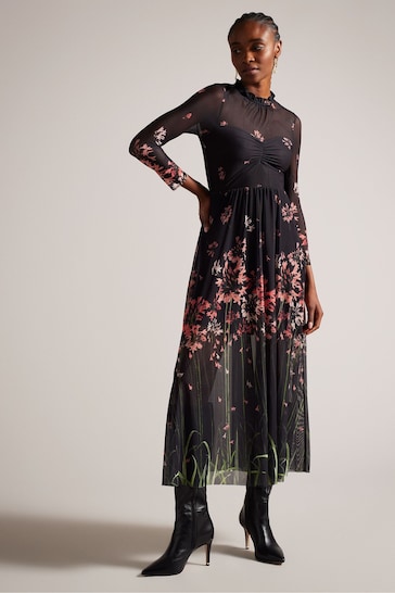 Ted Baker Susenaa Black Printed Mesh Dress Aurora With Ruffle Neck
