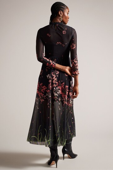 Ted Baker Black Printed Susenaa Mesh Dress With Ruffle Neck