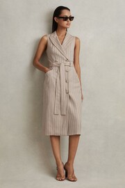 Reiss Neutral Andie Wool Blend Striped Double Breasted Midi Dress - Image 1 of 5