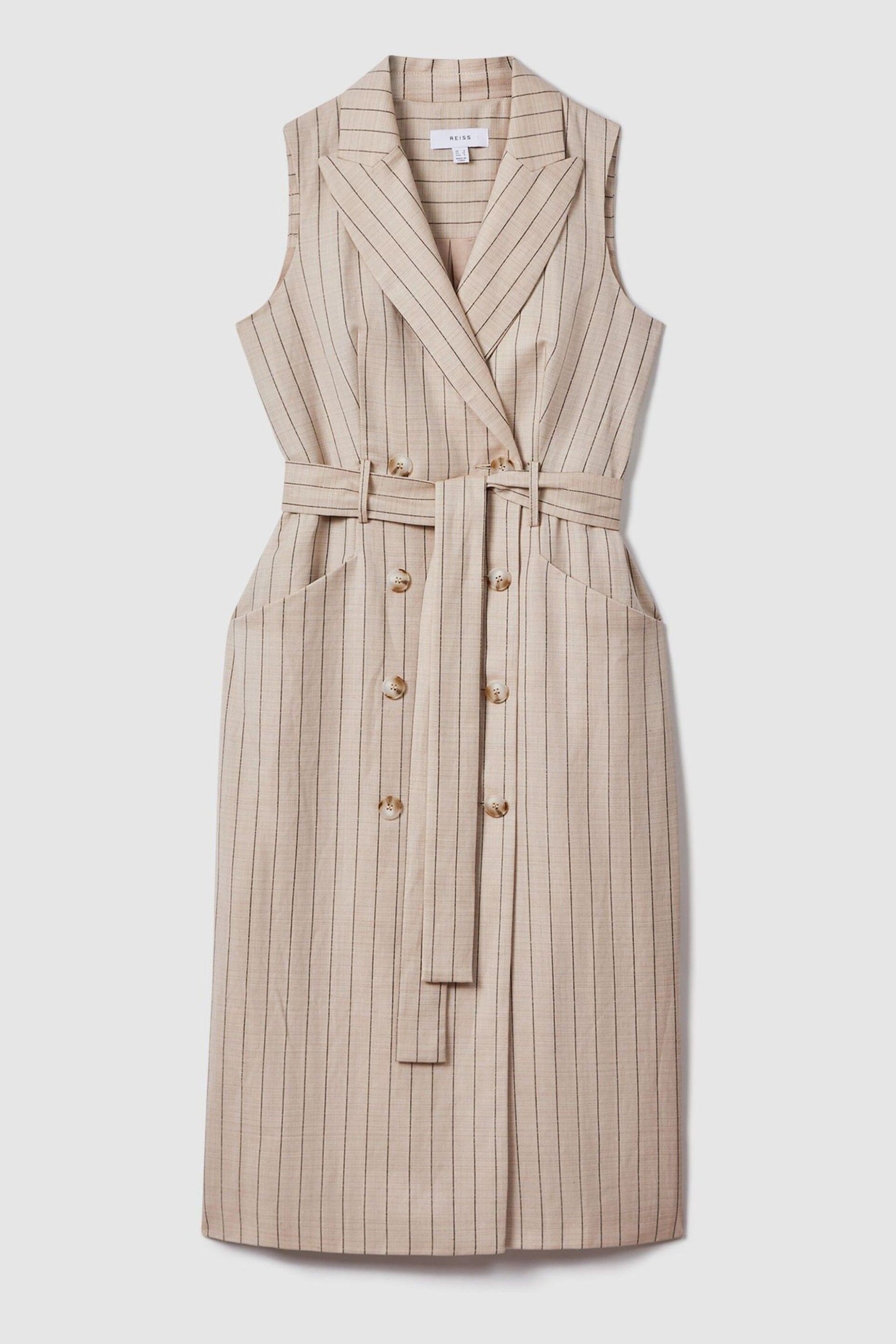 Reiss Neutral Andie Wool Blend Striped Double Breasted Midi Dress - Image 2 of 5