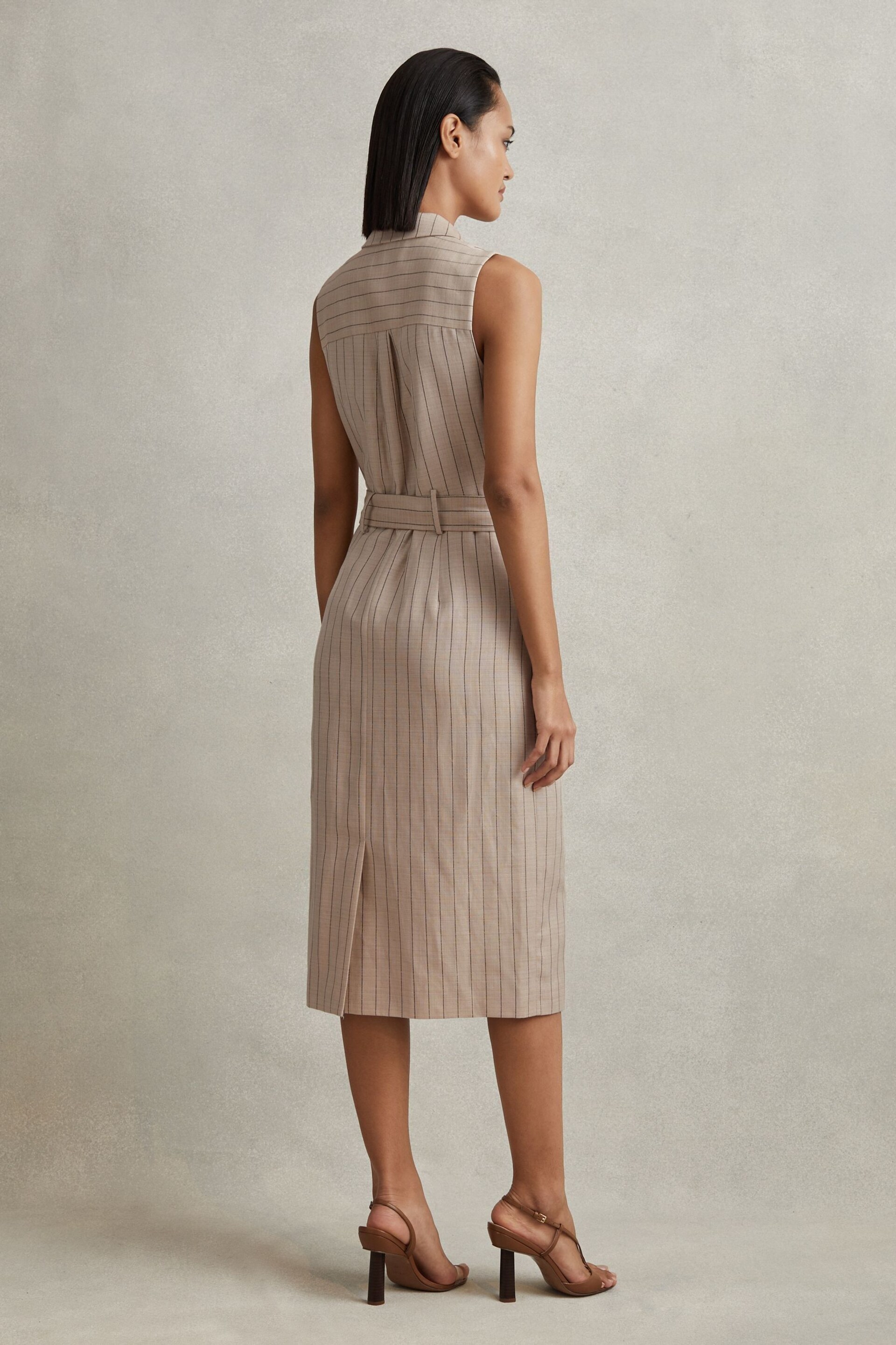 Reiss Neutral Andie Wool Blend Striped Double Breasted Midi Dress - Image 4 of 5