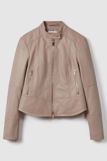 Reiss Neutral Lola Leather Zip-Front Jacket