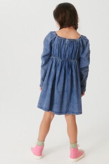Denim Blue Printed Ruched Sleeve Dress (3-16yrs)