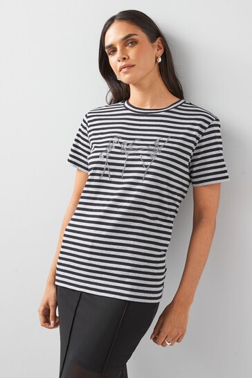 Black and Grey Stripe Sparkle Skeletons Short Sleeve Halloween T-Shirt