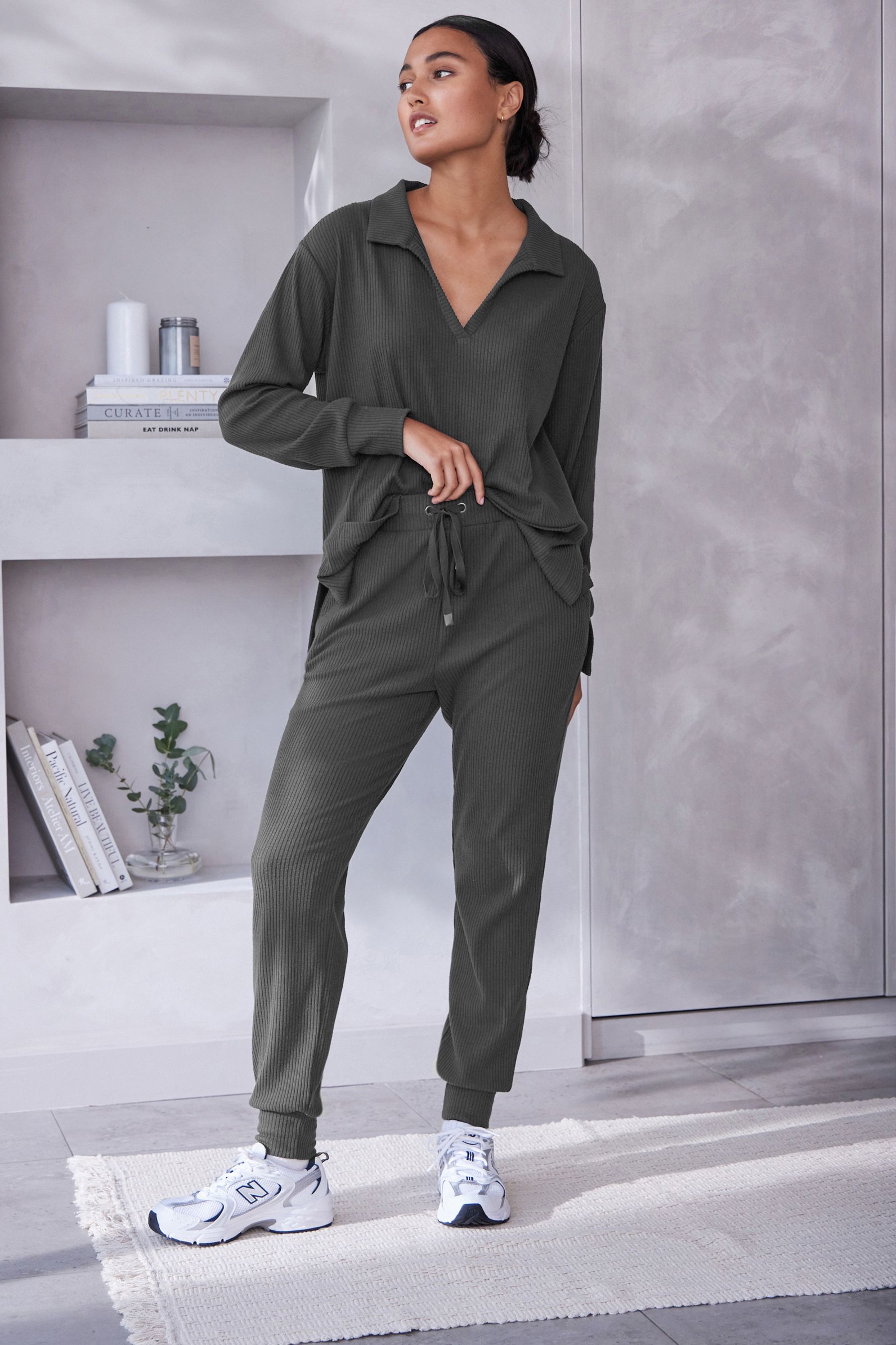 Grey ribbed joggers sales