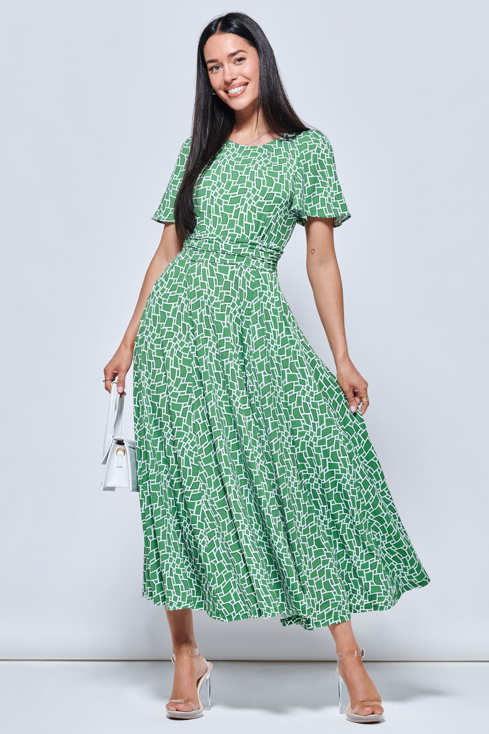 Jolie Moi Green Boat Neck Angel Sleeve Maxi Dress - Image 1 of 5