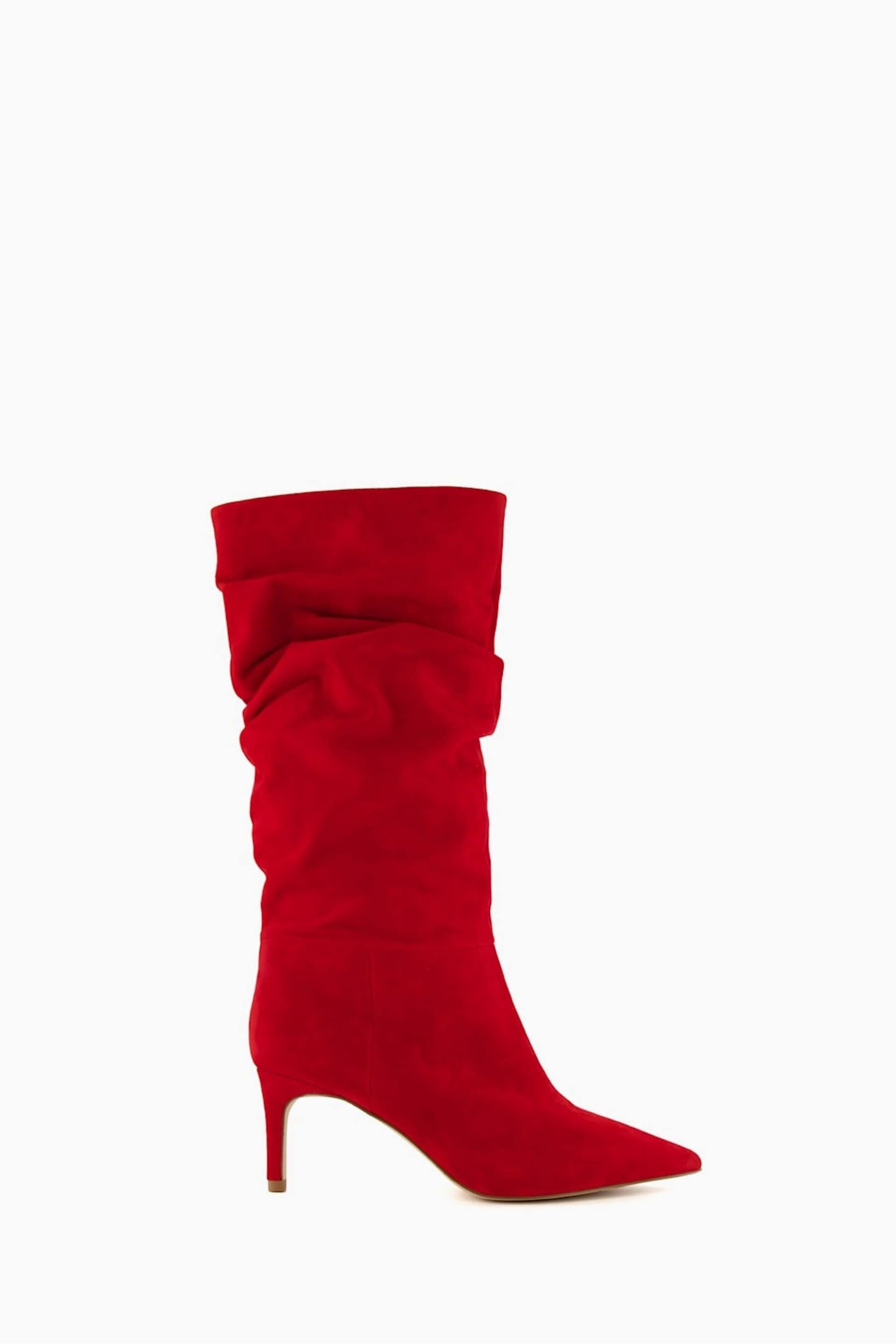 Dune London Red Slouch Ruched Suede Heeled Boots - Image 1 of 4