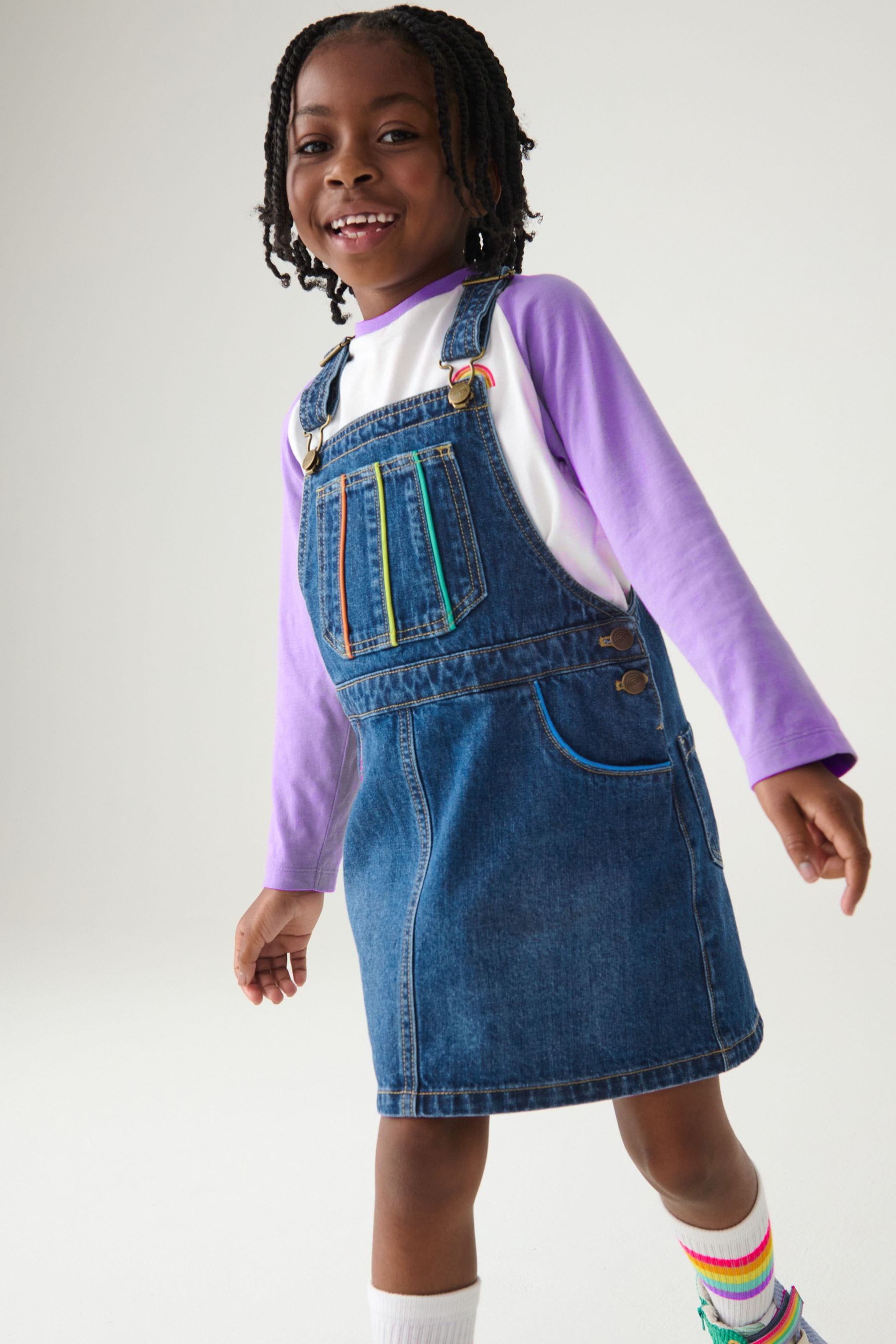 Buy Little Bird by Jools Oliver Blue Washed Denim Rainbow Embroidered Pinafore 100 Cotton Dress from Next Oman