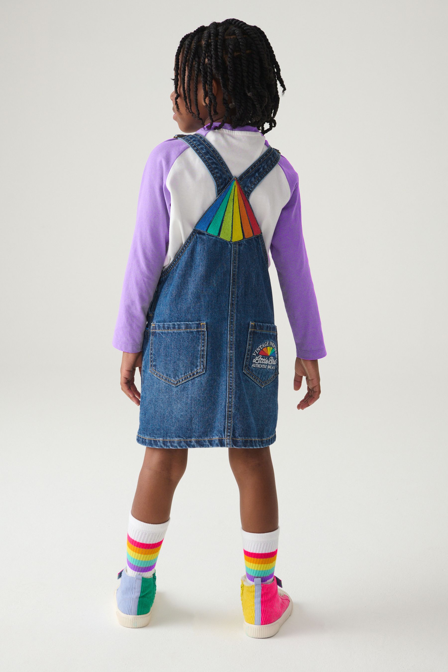 Buy Little Bird by Jools Oliver Blue Washed Denim Rainbow Embroidered Pinafore 100 Cotton Dress from the Next UK online shop