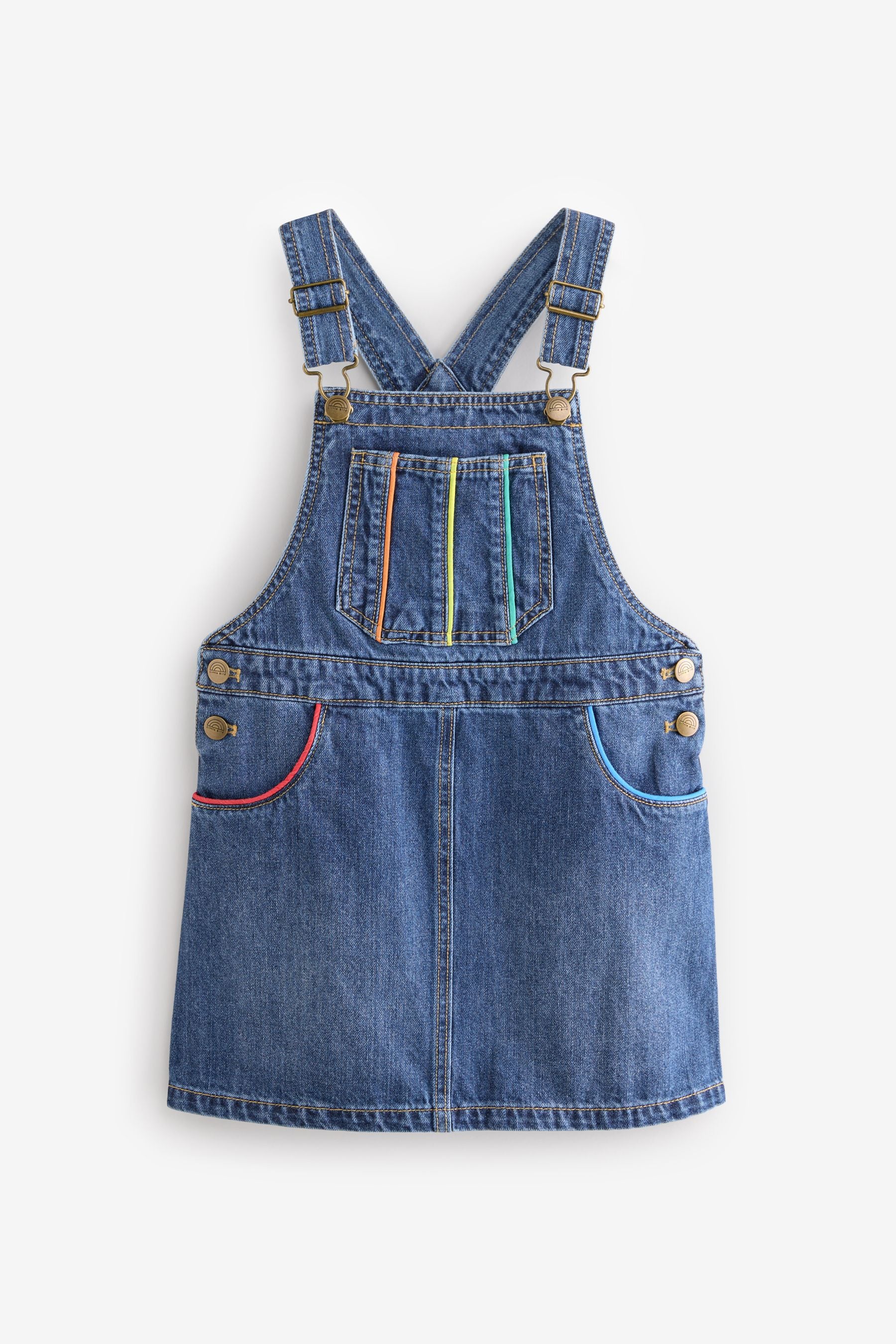 Buy Little Bird by Jools Oliver Blue Washed Denim Rainbow Embroidered Pinafore 100 Cotton Dress from Next Oman