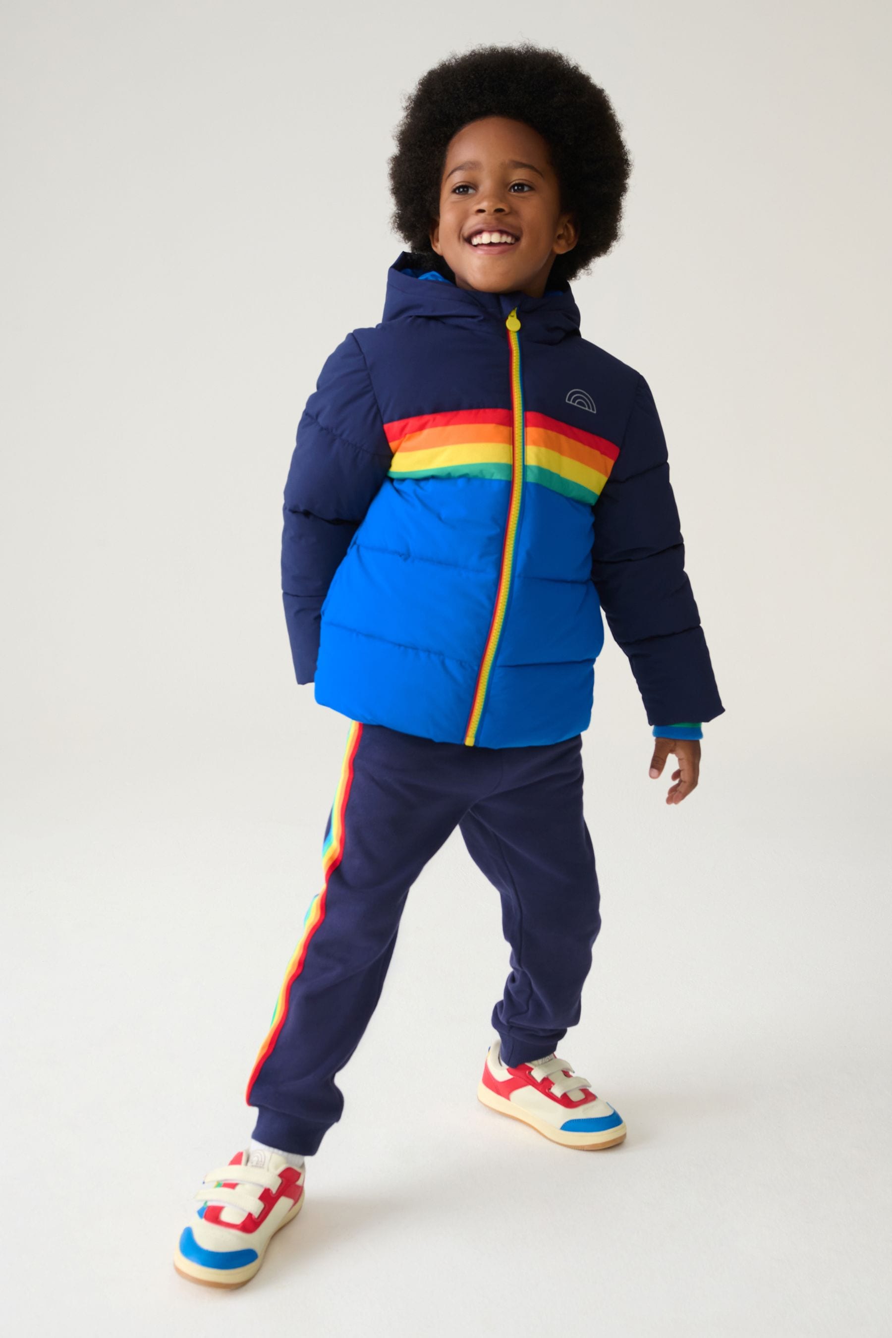 Navy Little Bird by Jools Oliver Rainbow Stripe Shower Resistant Padded Coat