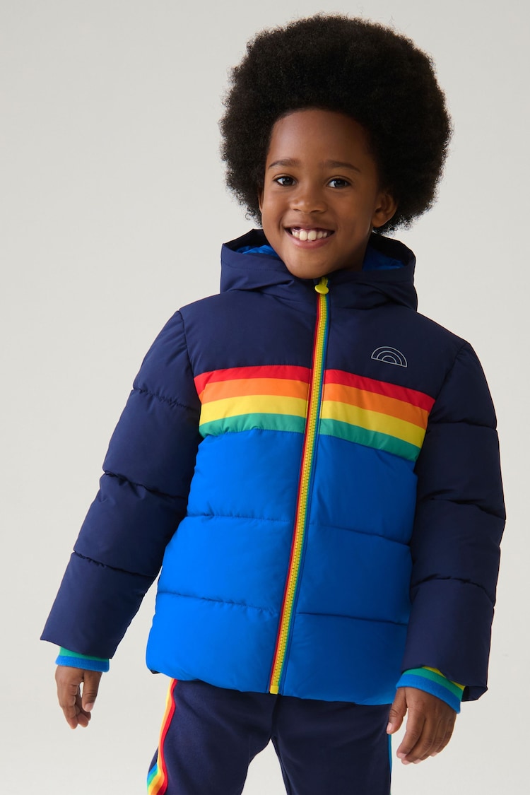 Little Bird by Jools Oliver Navy Rainbow Stripe Shower Resistant Padded Coat - Image 1 of 9