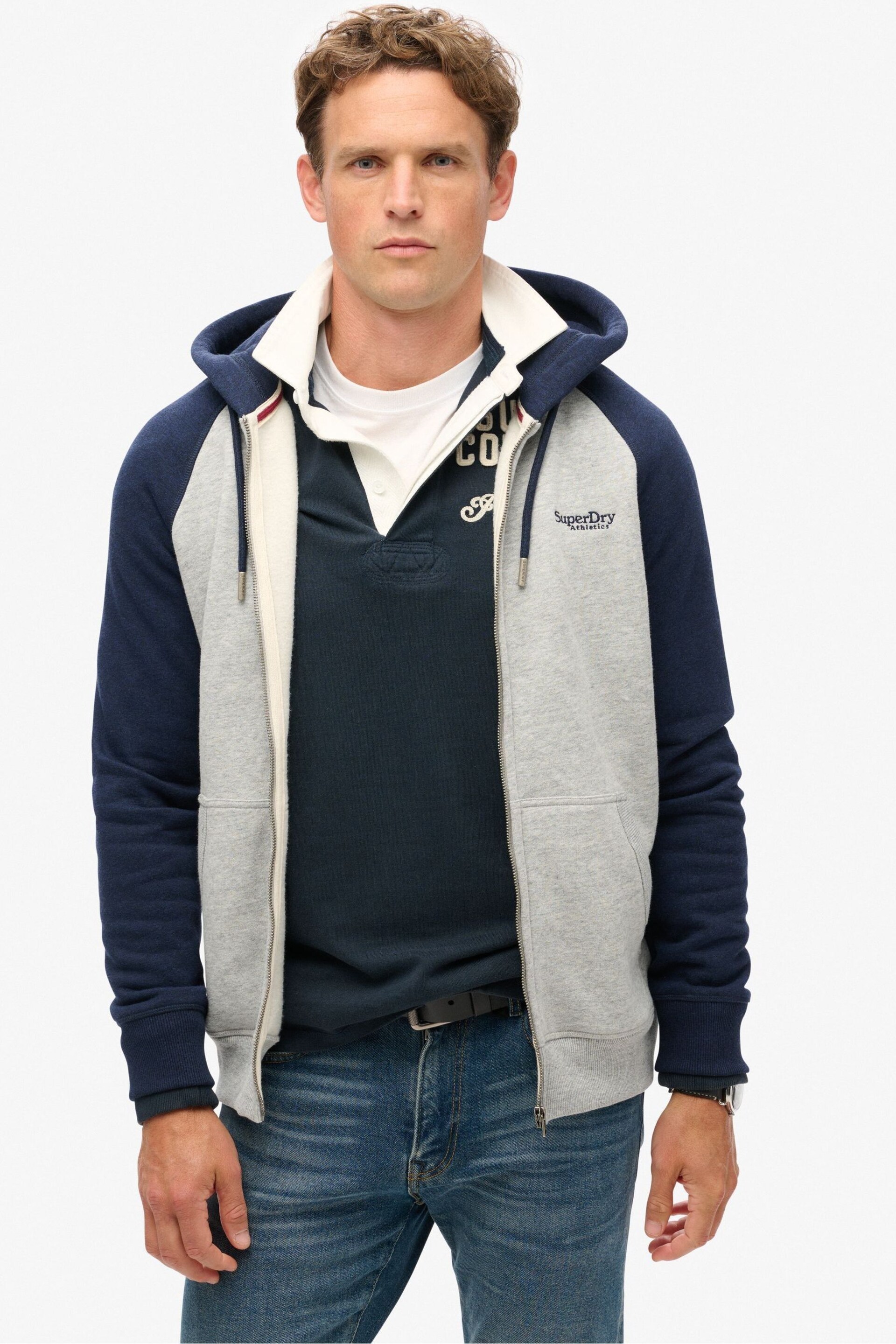 Superdry Grey/White Essential Baseball Zip Hoodie - Image 1 of 8