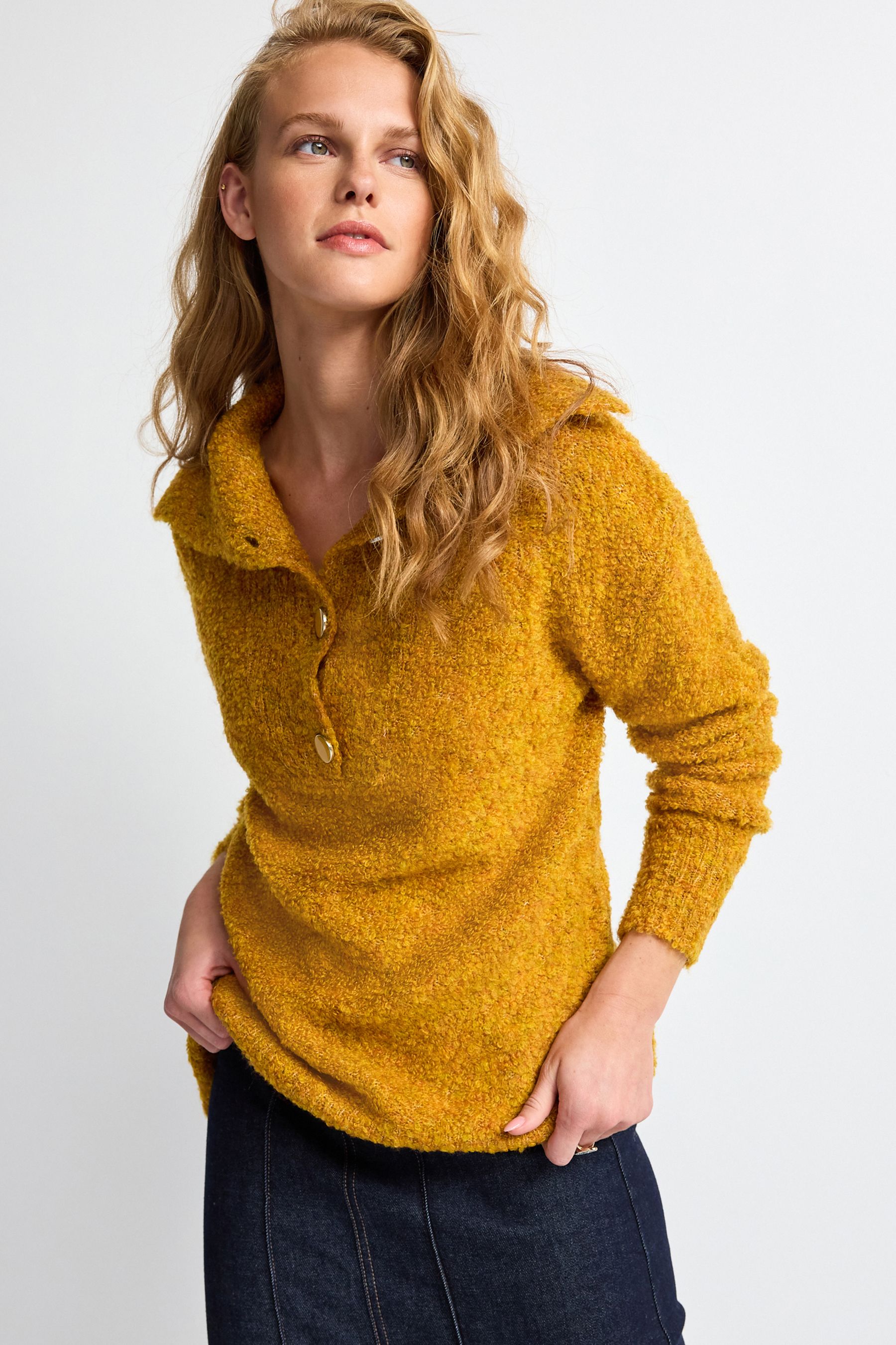 Buy Ochre Yellow Boucle Button Neck Jumper from Next Luxembourg