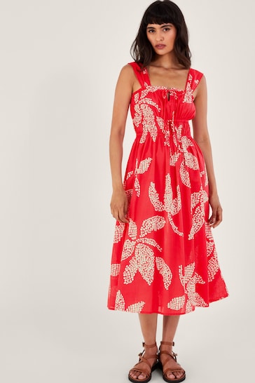 Monsoon Red Palm Spot Print Midi Sundress in Sustainable Cotton