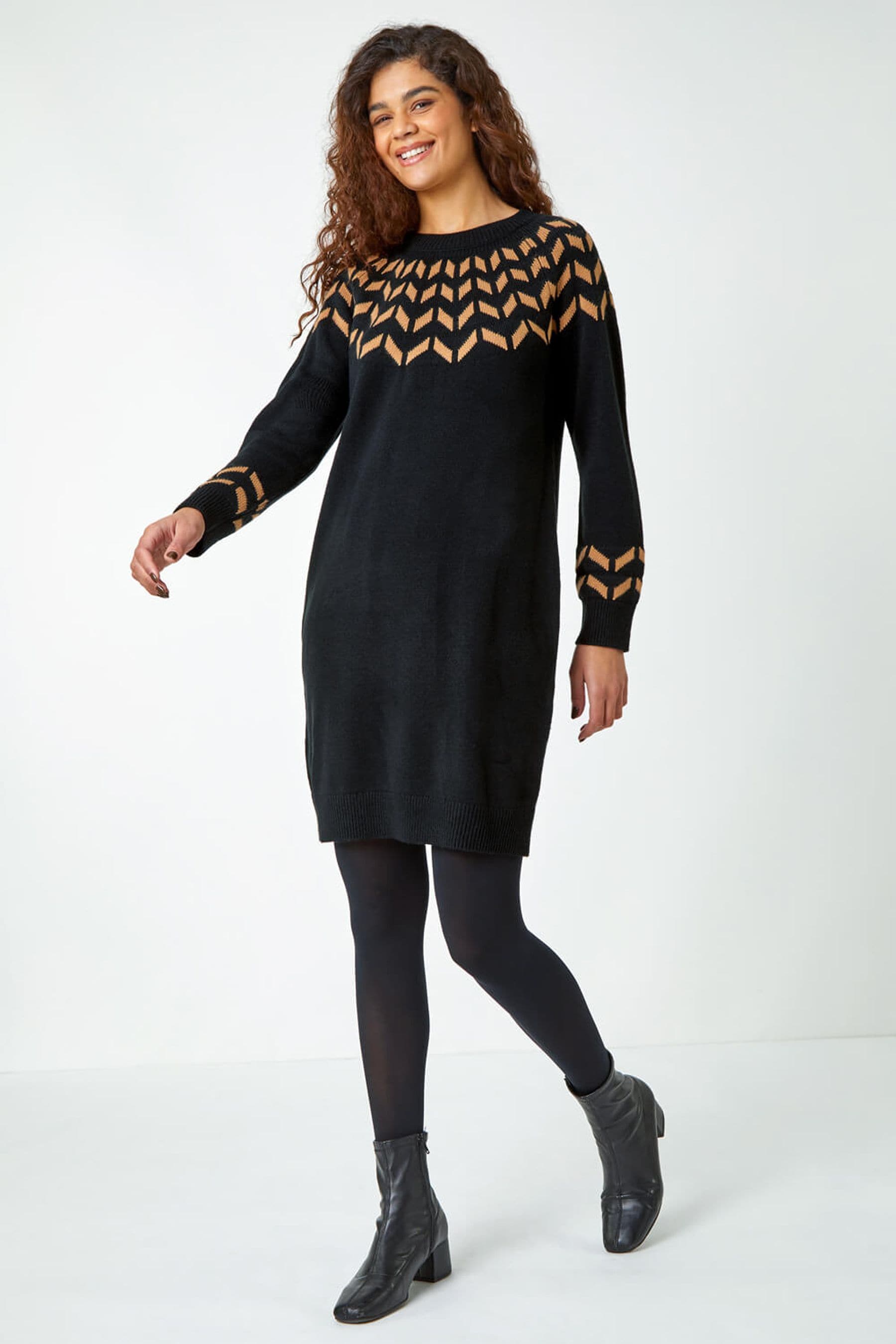 Buy Roman Black Natural Chevron Stretch Knit Jumper Dress from the