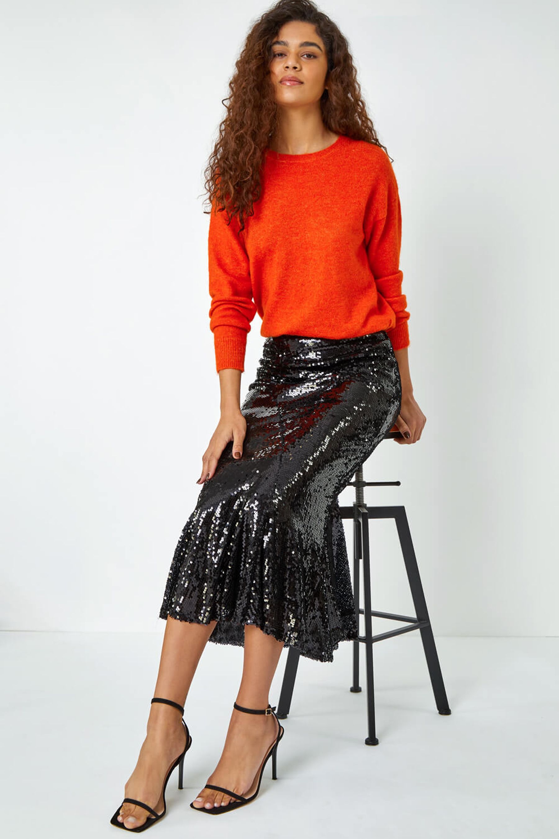 Roman Black Sequin Fit and Flare Fluted Skirt