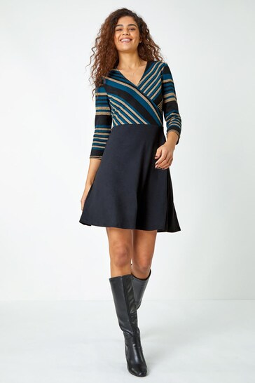 Roman Blue Stripe Stretch Knit Wrap Dress