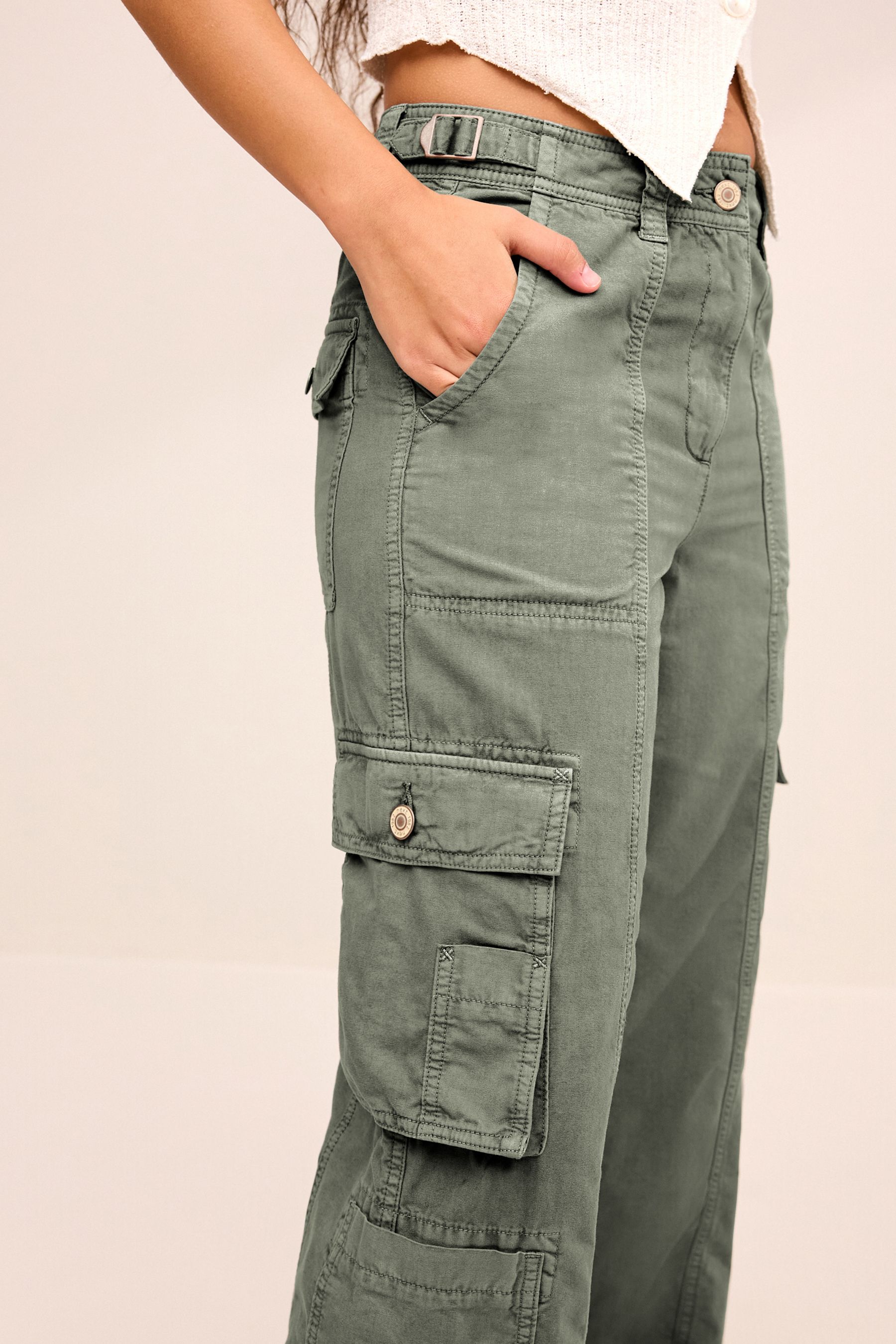 Khaki Green Adjustable Waist Cargo Trousers