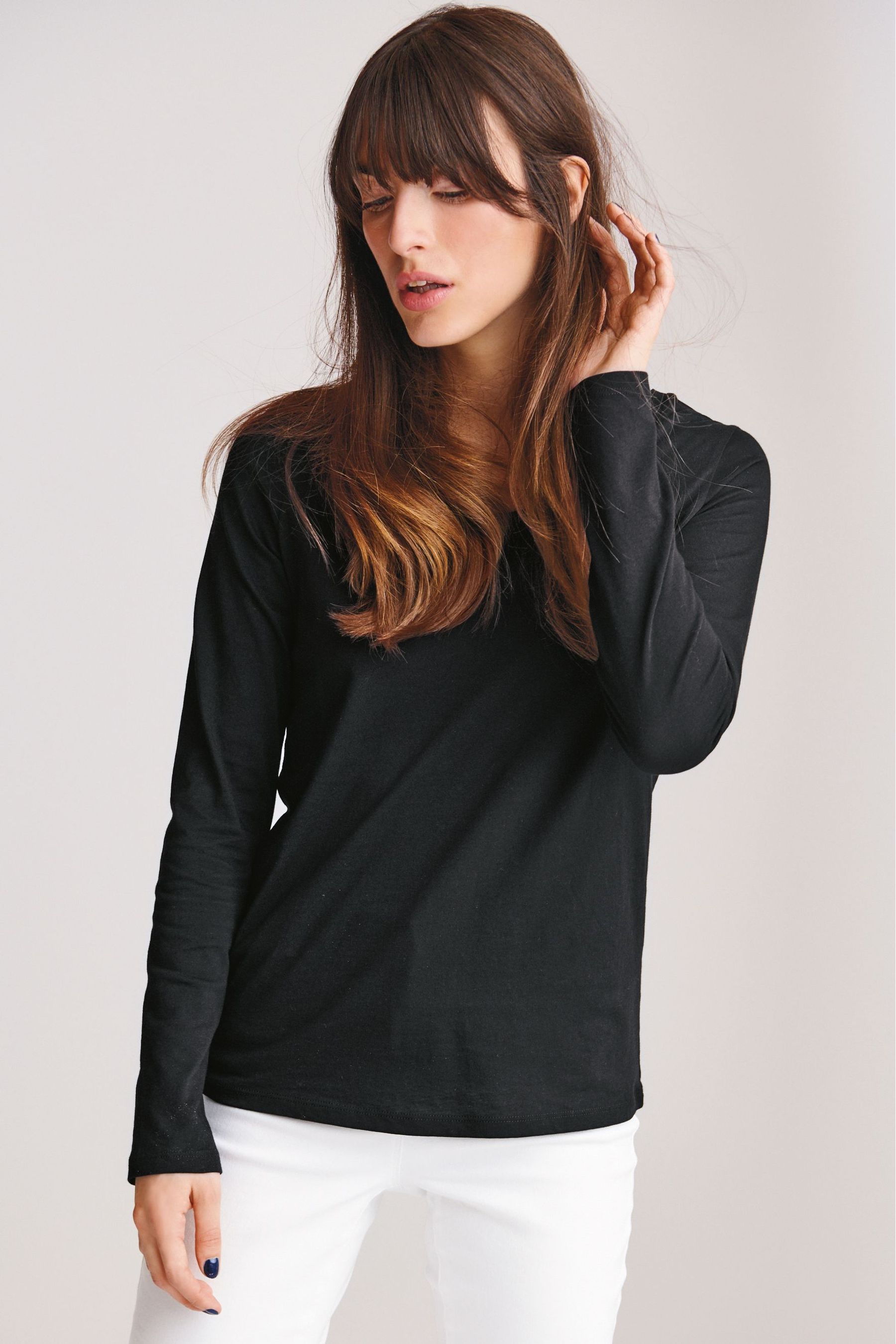 Black 100 Cotton Long Sleeve Crew Neck Top