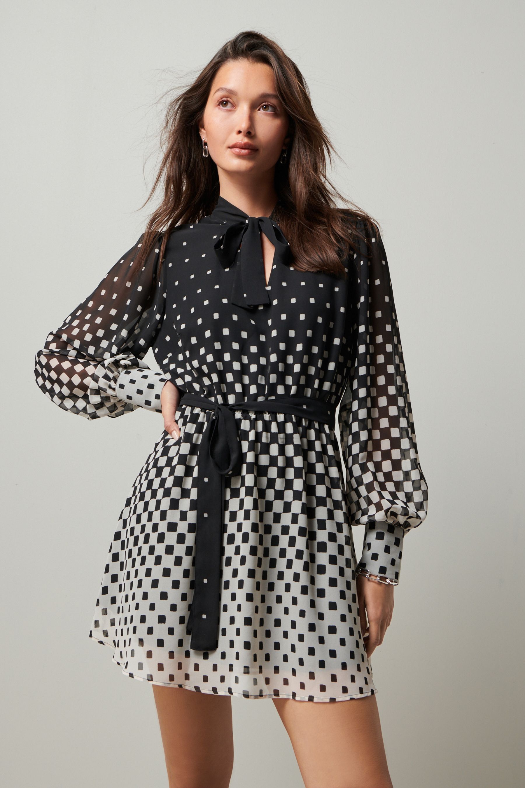 Buy Monochrome Spot Tie Neck Belted Long Sleeve Mini Dress from Next Luxembourg